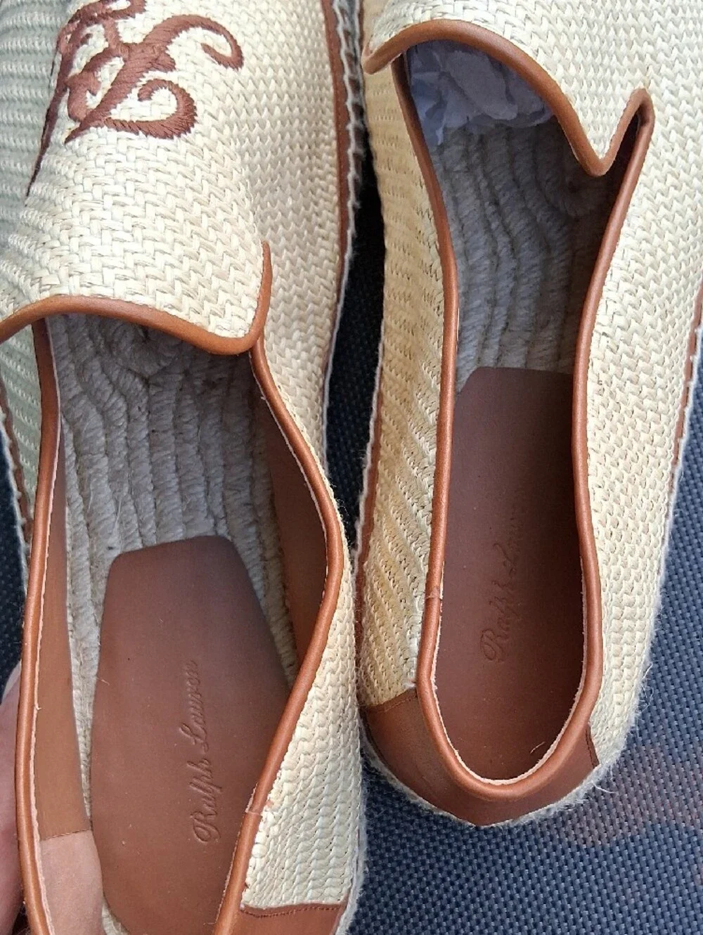 Ralph Lauren Cream Woven Slip-On Loafers with Brown Trim and Embroidered RL